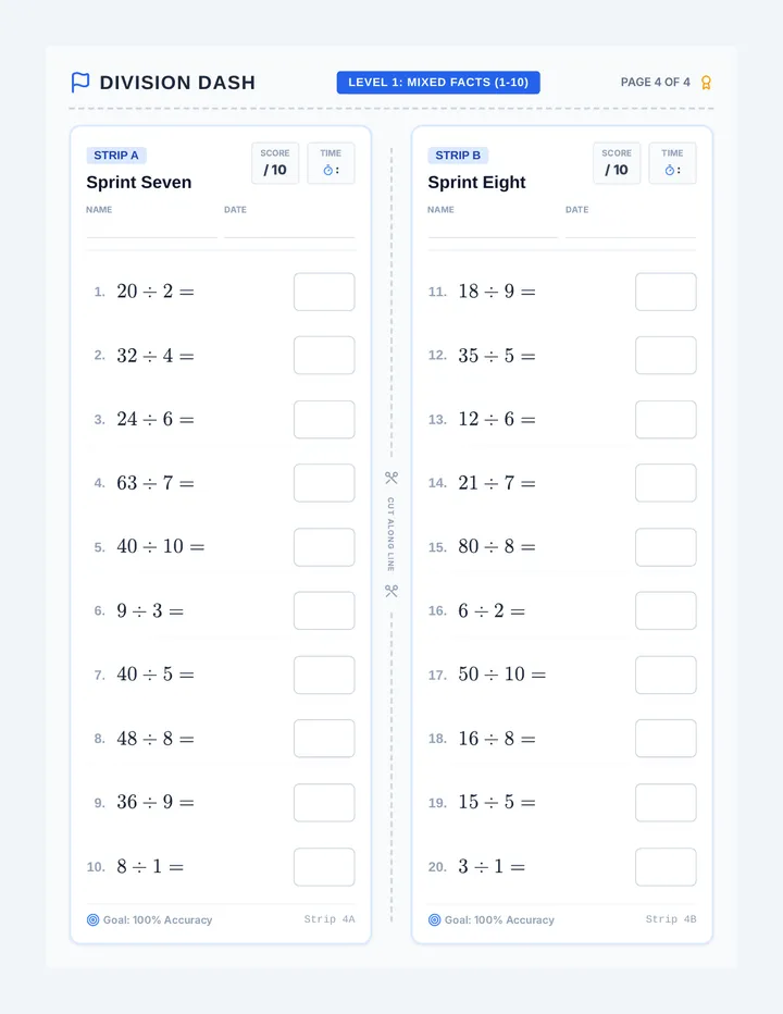 Division Dash Strip 4 Worksheet