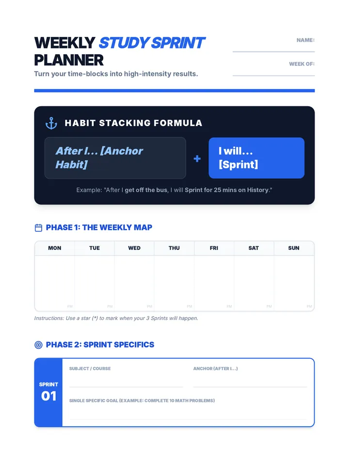 Study Sprint Weekly Planner Worksheet