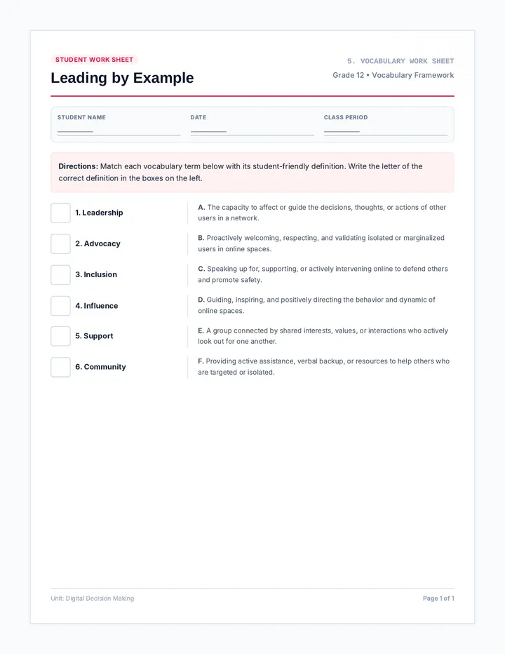 Leadership Vocabulary Worksheet