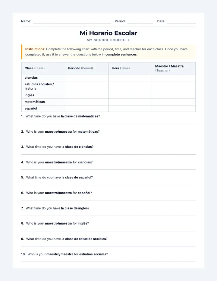 School Schedule Worksheet