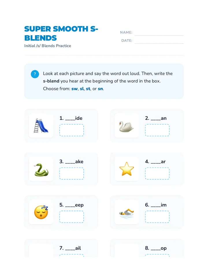 S-Blends Practice Worksheet
