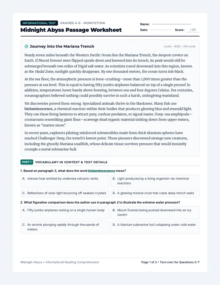 Midnight Abyss Passage Worksheet