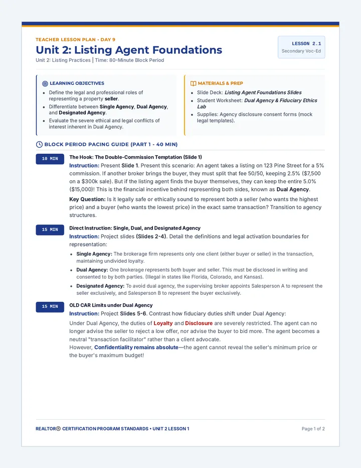 Listing Agent Foundations Lesson Plan page 1