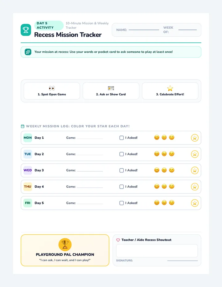 Recess Mission Tracker Worksheet