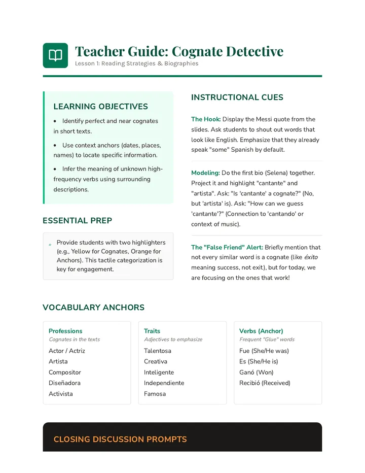 Cognate Detective Teacher Guide
