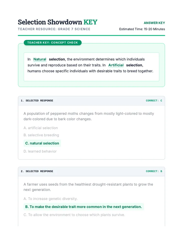 Selection Showdown Answer Key