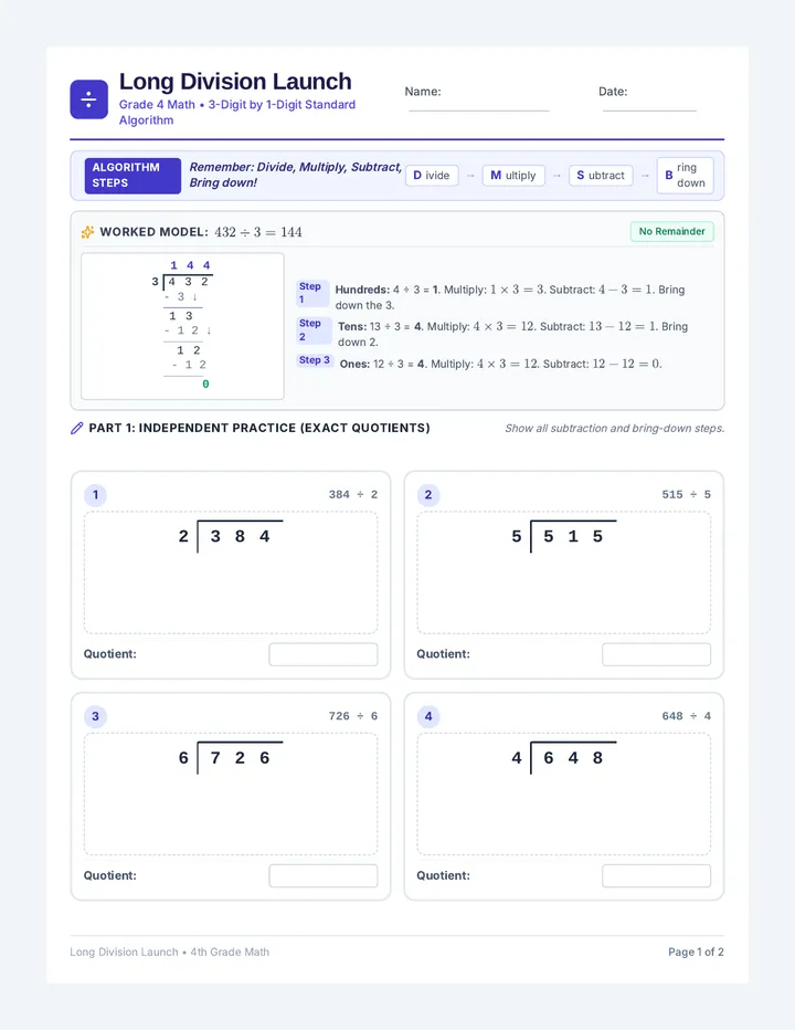Long Division Launch Worksheet