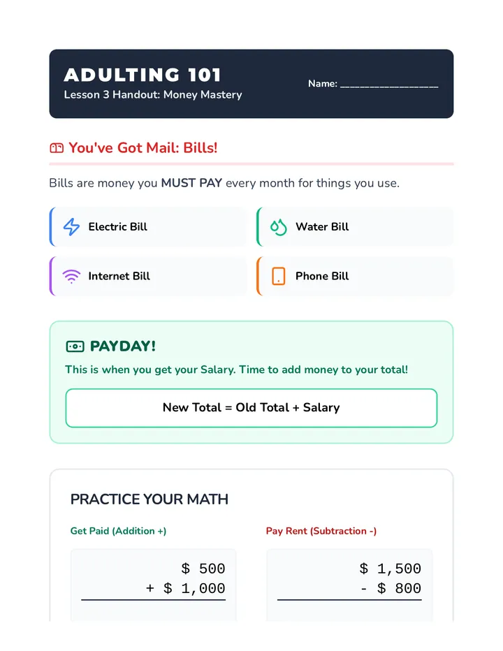 Adulting Money Math Handout