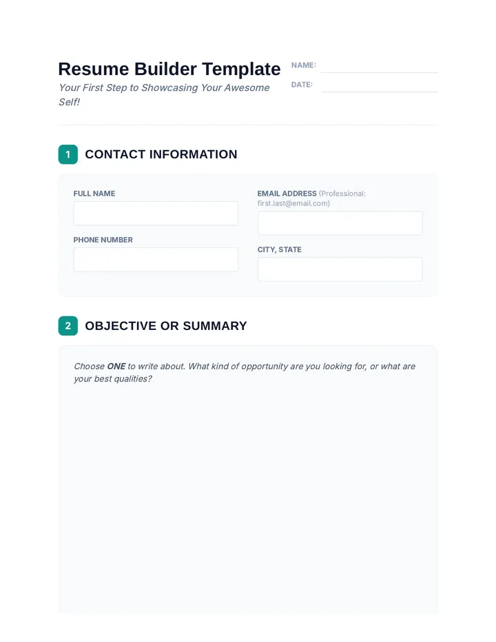 Resume Builder Template Worksheet