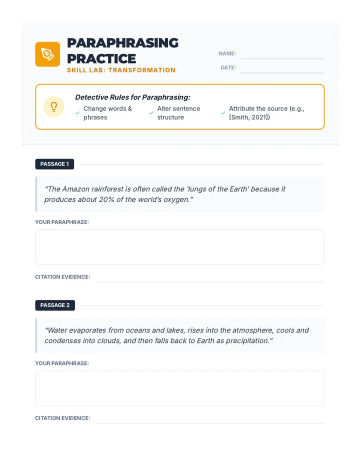 Paraphrasing Practice Worksheet