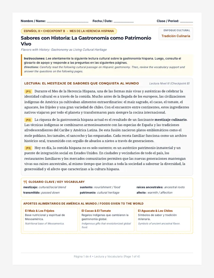 Sabores Hispanos Reading Worksheet