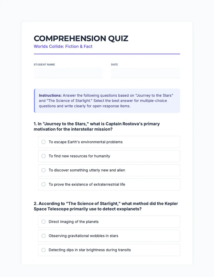 Worlds Collide Comprehension Quiz