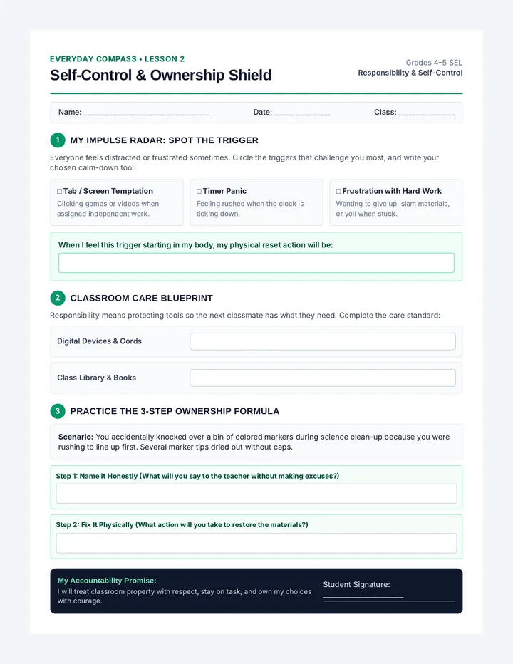 Self Control Shield Worksheet