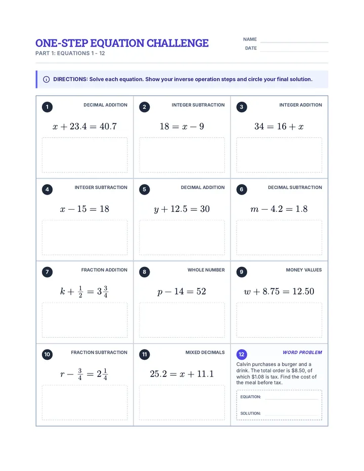 Equation Challenge Worksheet