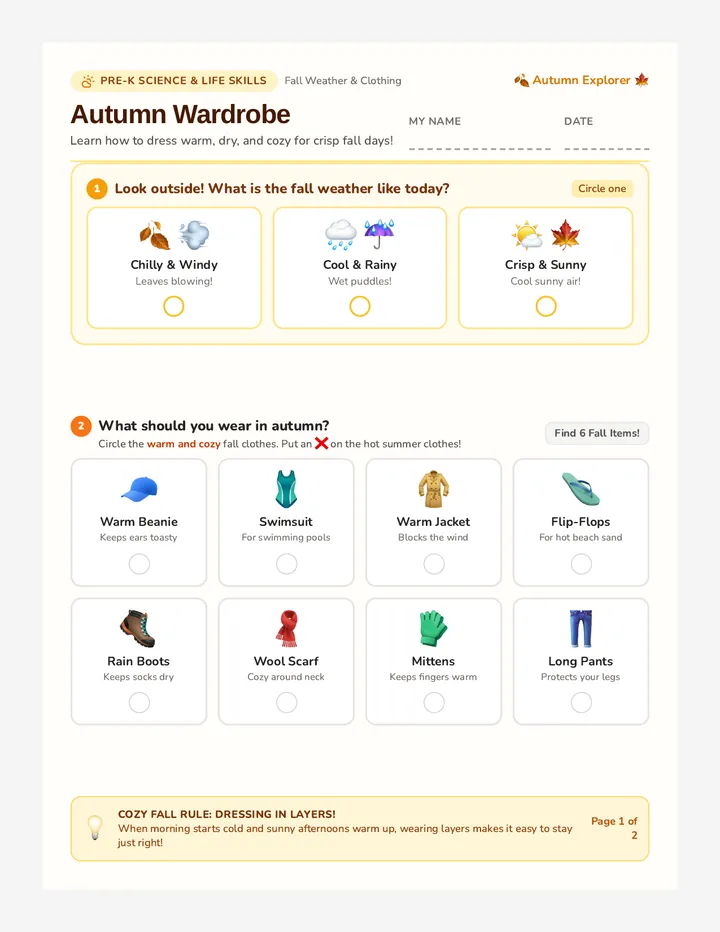 Autumn Wardrobe Activity Sheet
