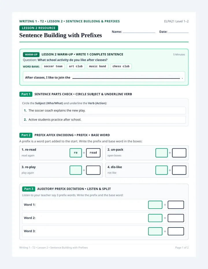 Sentence Building Activity Sheet
