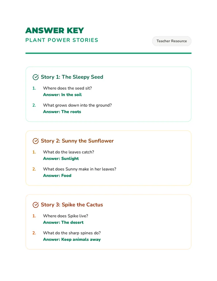 Plant Power Stories Answer Key