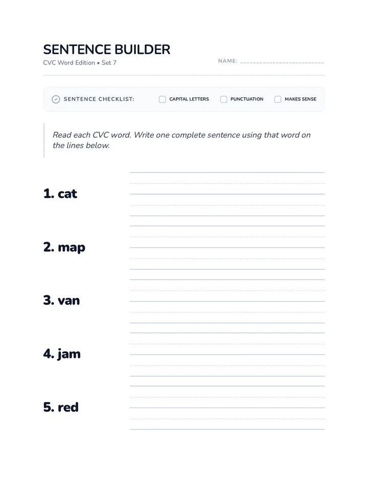 Sentence Builder Set 7 Worksheet