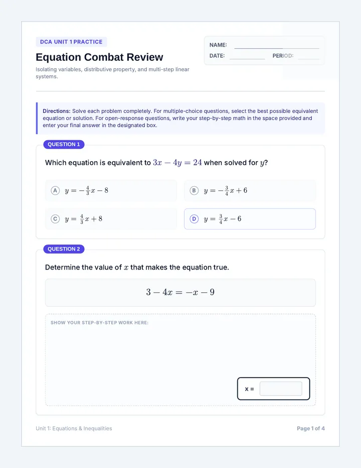 Equation Combat Review Worksheet