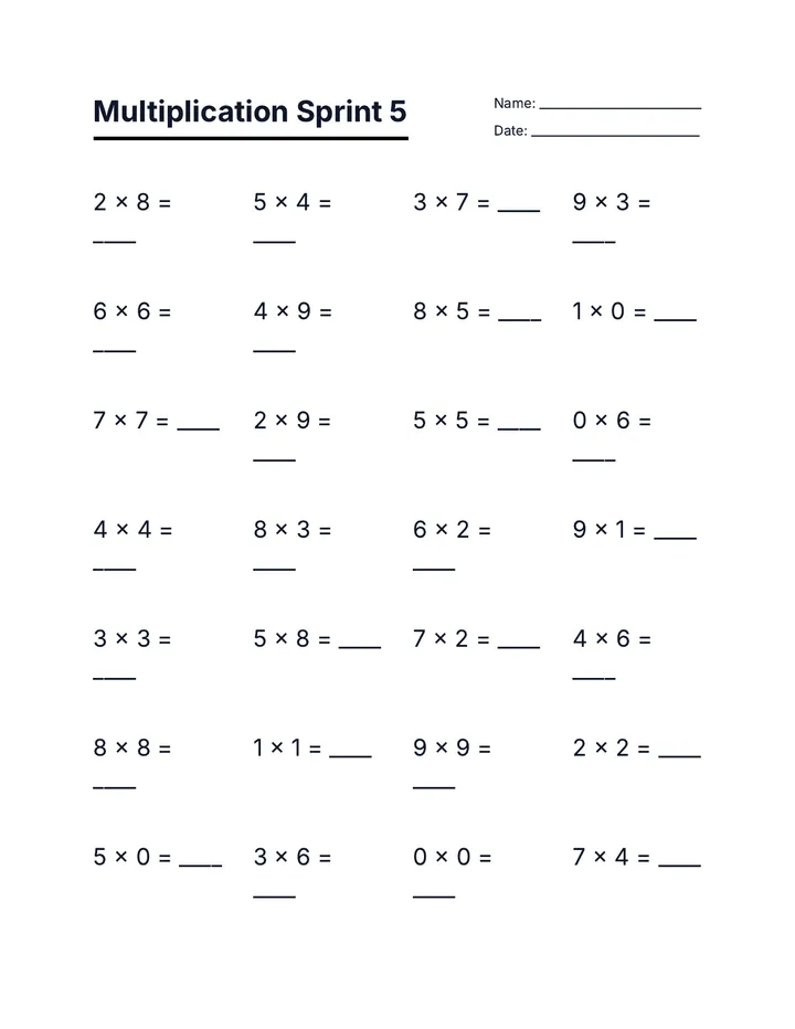 Multiplication Sprint 5 Worksheet