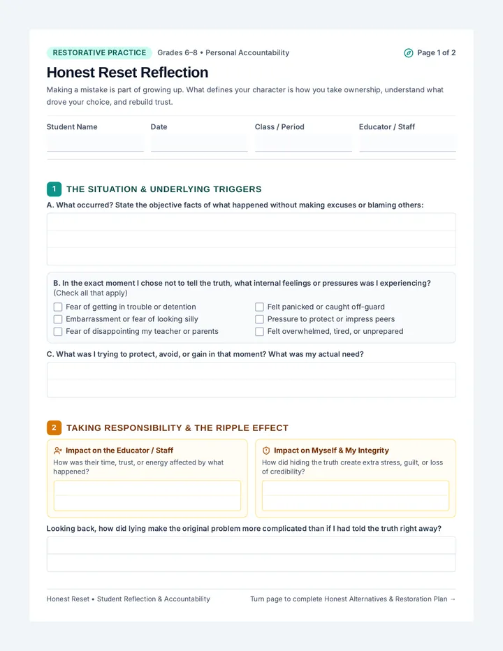 Honest Reset Reflection Worksheet