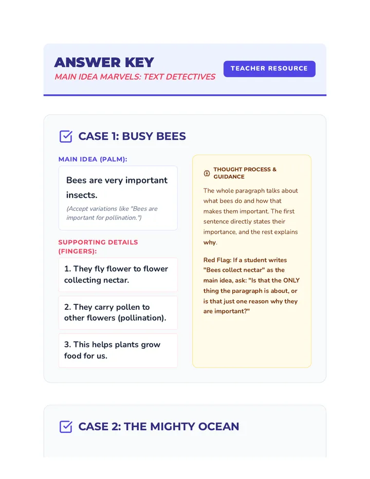 Main Idea Worksheet Answer Key
