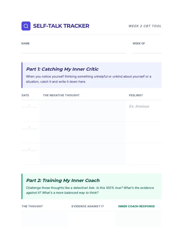 Self Talk Tracker Worksheet Document