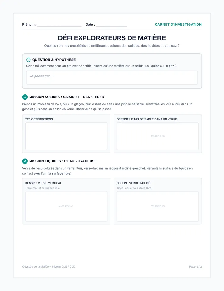 Explorateurs de Matiere Fiche Eleve