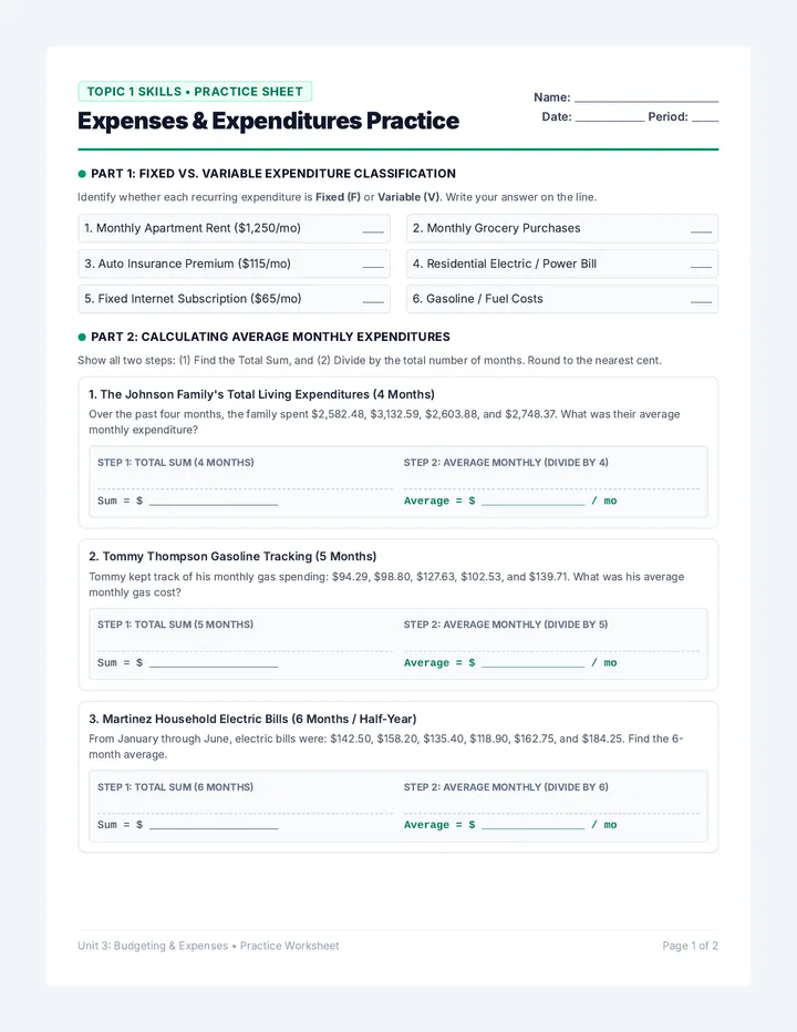Topic One Practice Worksheet