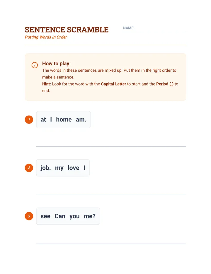 Sentence Scramble Worksheet
