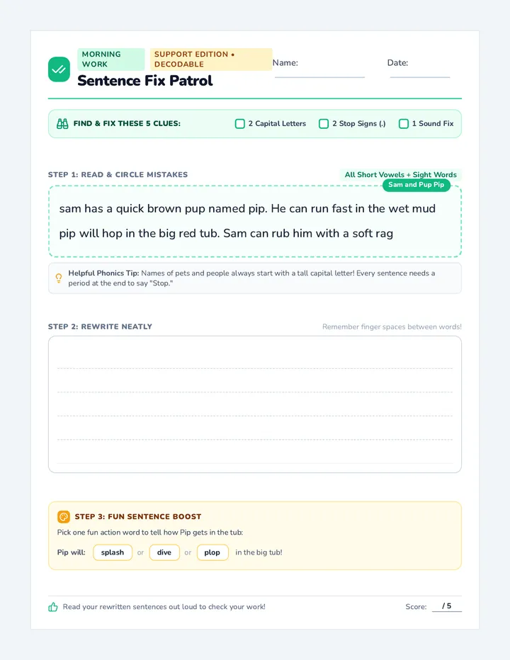 Sentence Fix Decodable Worksheet