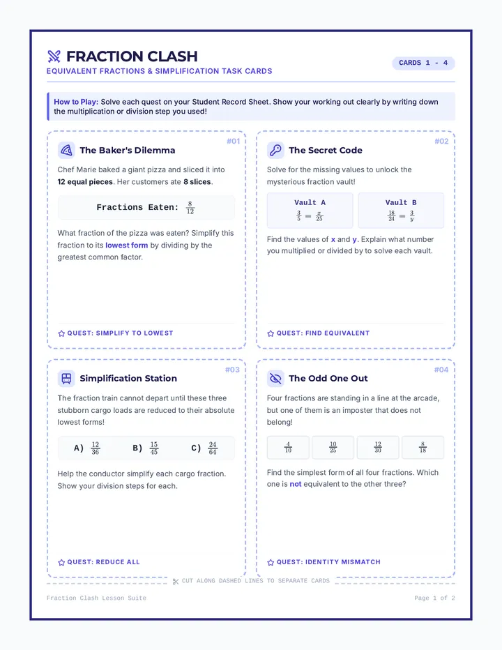 Fraction Clash Task Cards
