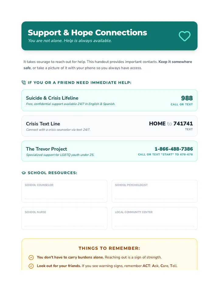 Support and Hope Handout