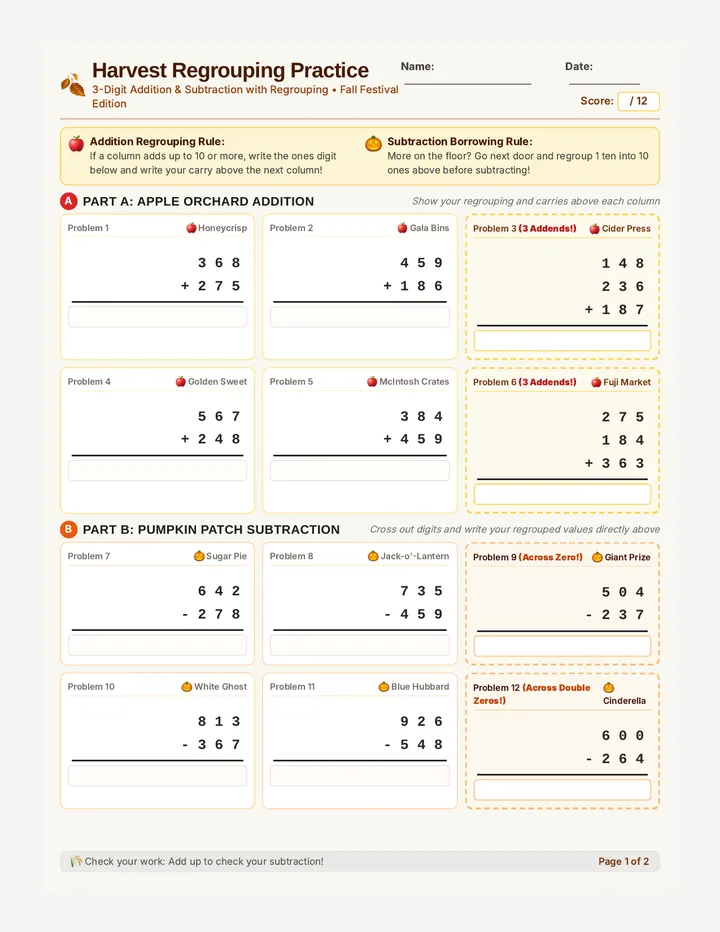 Harvest Regrouping Worksheet