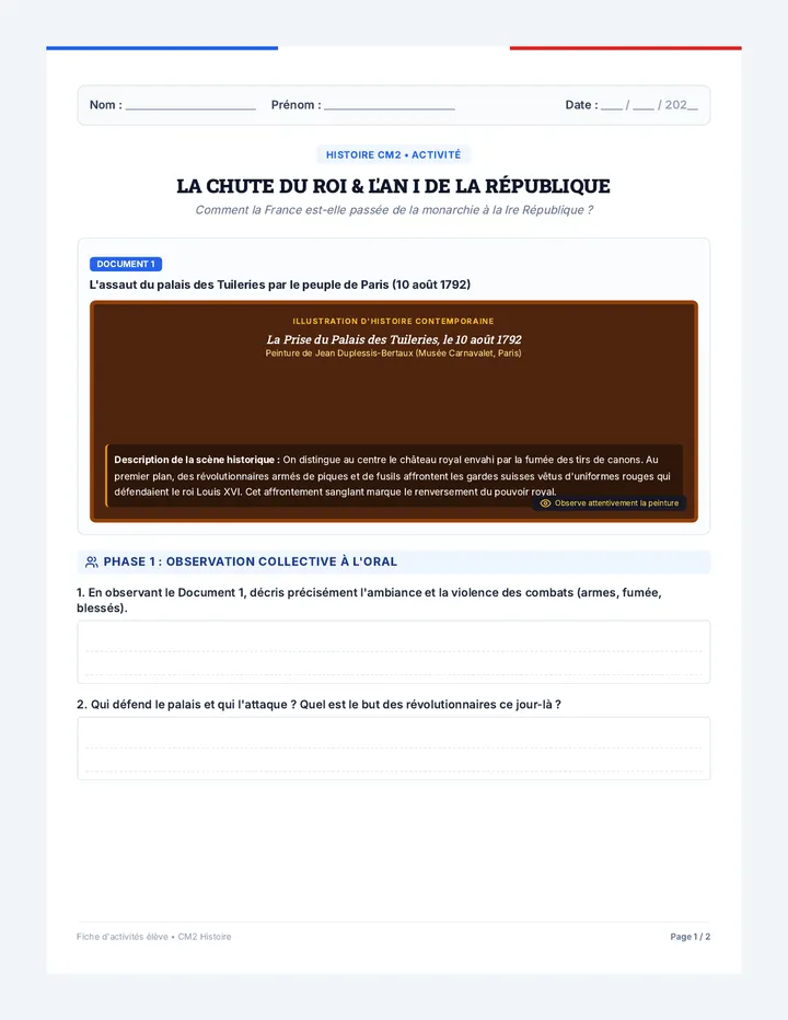 Chute du Roi Fiche Élève