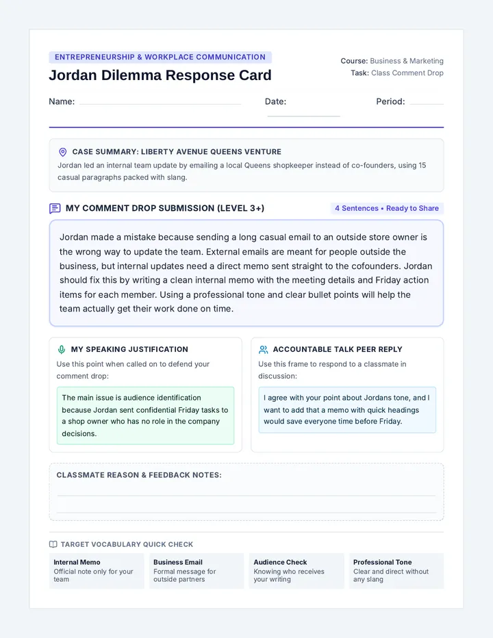 Jordan Communication Response Card