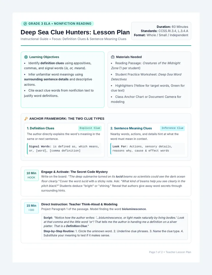 Clue Hunters Lesson Plan