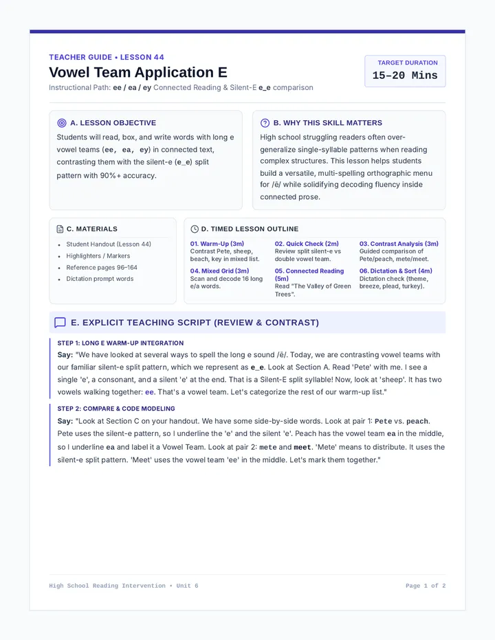 Vowel Team Application E Teacher Guide