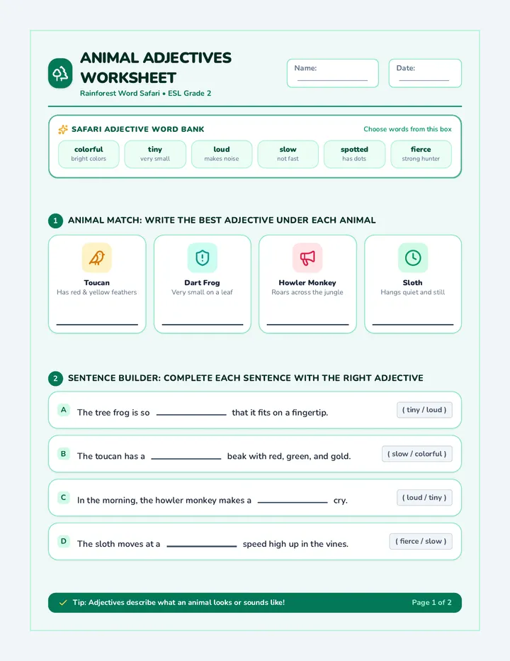 Animal Adjectives Worksheet