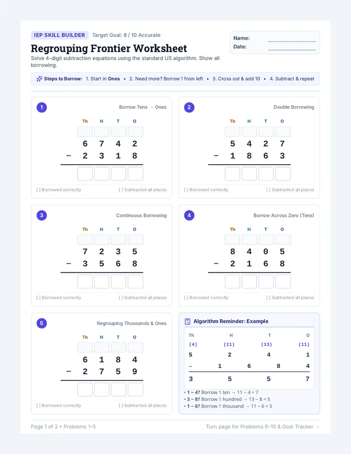 Regrouping Frontier Worksheet