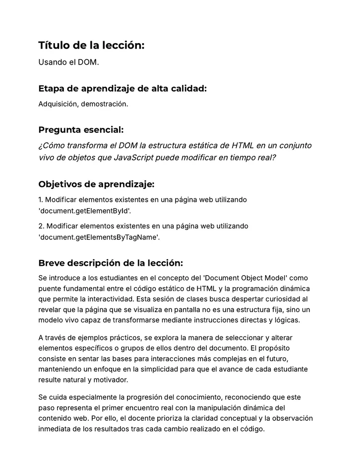 Dominando el DOM Plan de Lección