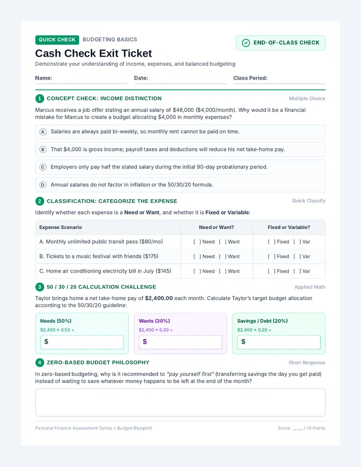 Cash Check Exit Ticket