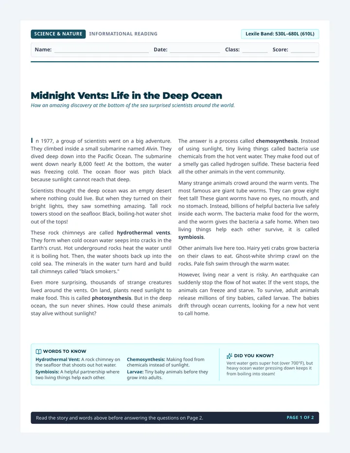 Midnight Vents Reading Worksheet