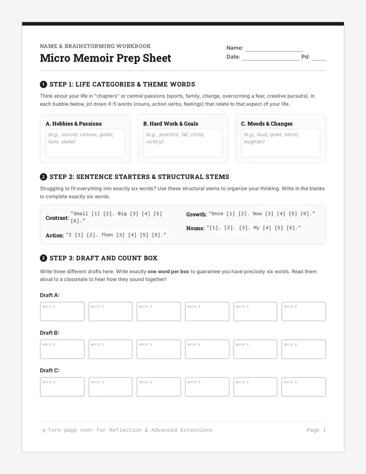 Micro Memoirs Prep Sheet