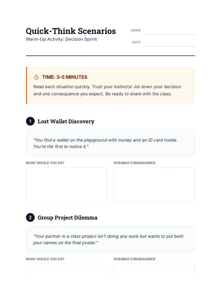 Quick Think Scenarios Worksheet