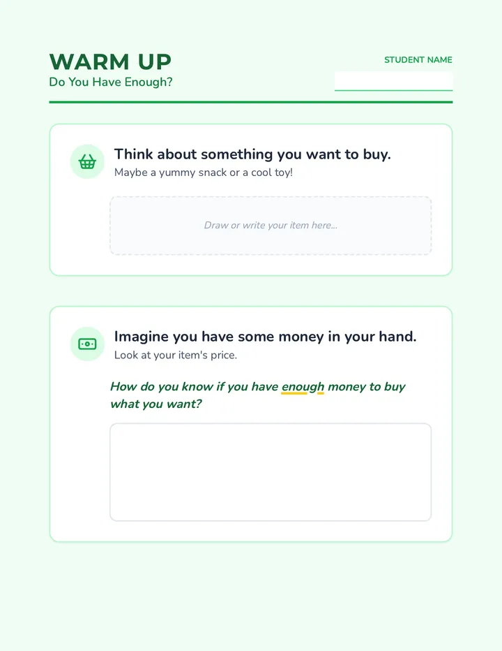 Dollar Up Warm Up Worksheet