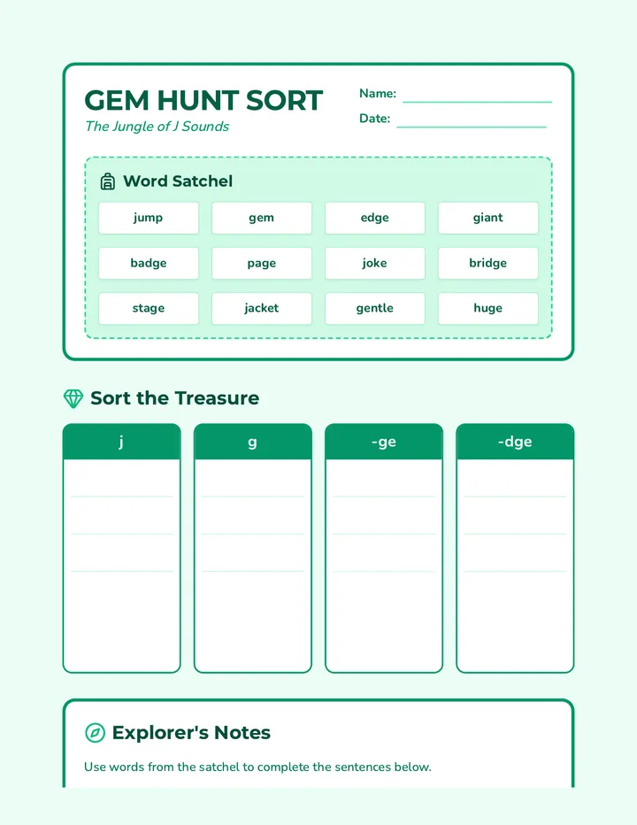 Gem Hunt Sort Worksheet