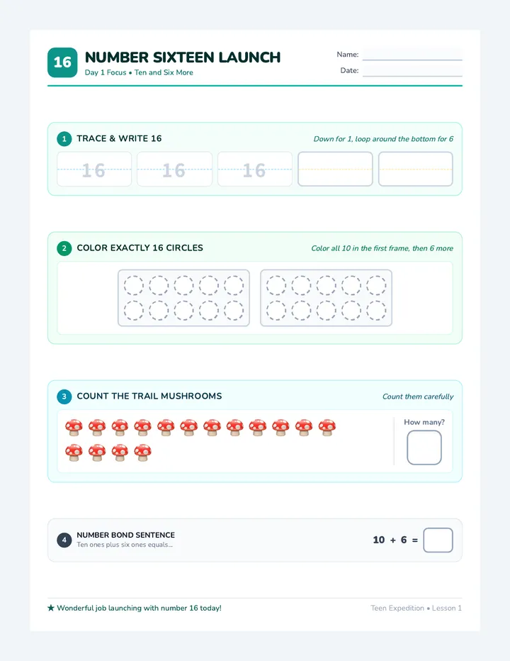 Number Sixteen Practice Sheet