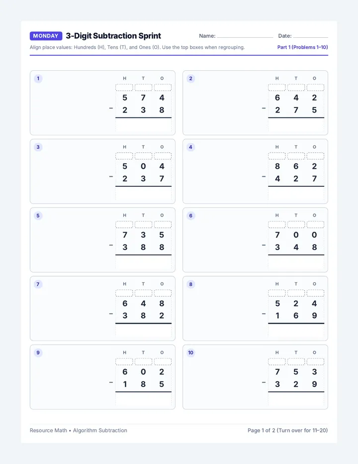 Monday Subtraction Worksheet