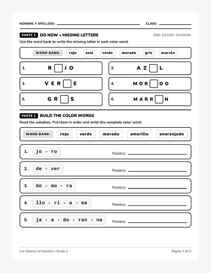 Color Words Activity Worksheet